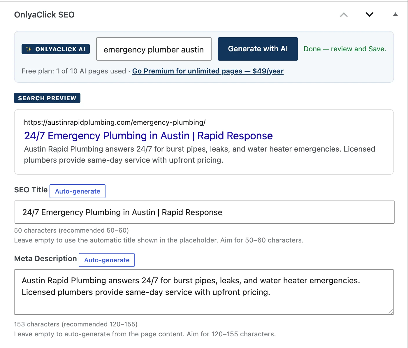 The OnlyaClick SEO panel in the WordPress editor: focus keyword, Generate with AI button, and the generated SEO title and meta description.