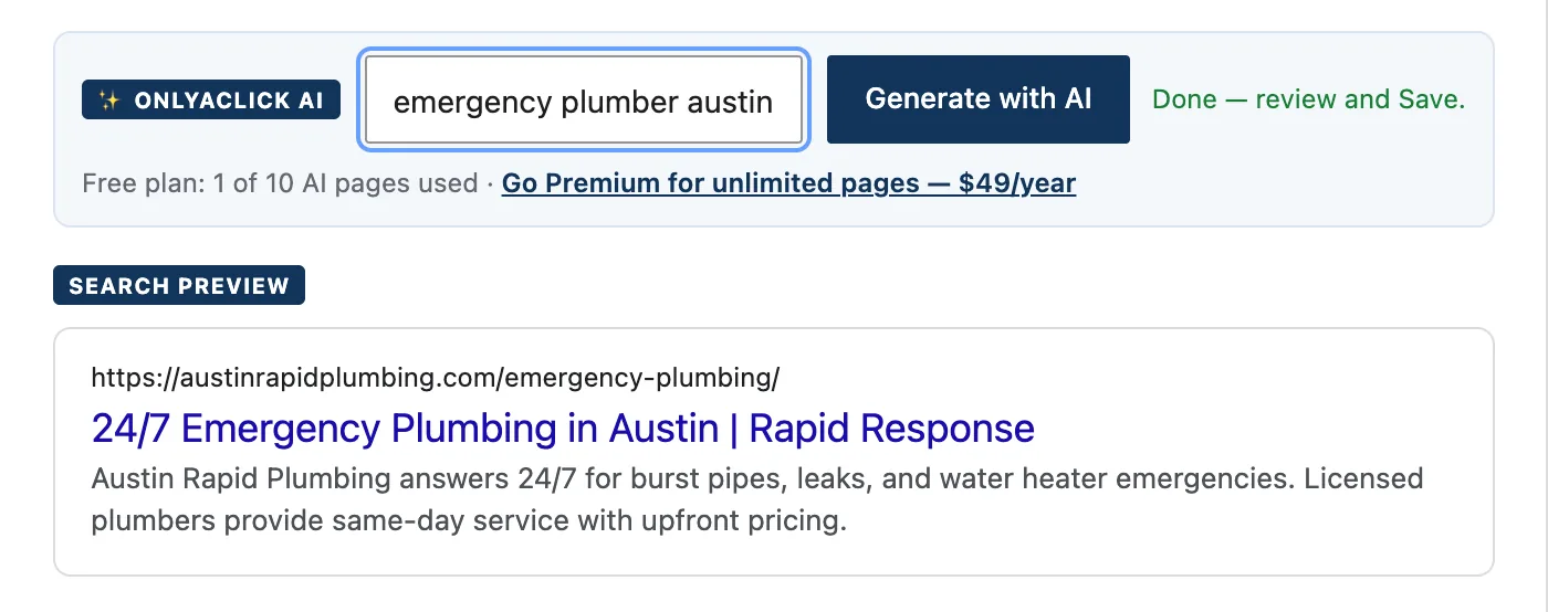 The focus keyword field with “emergency plumber austin” and the title and description generated for it.