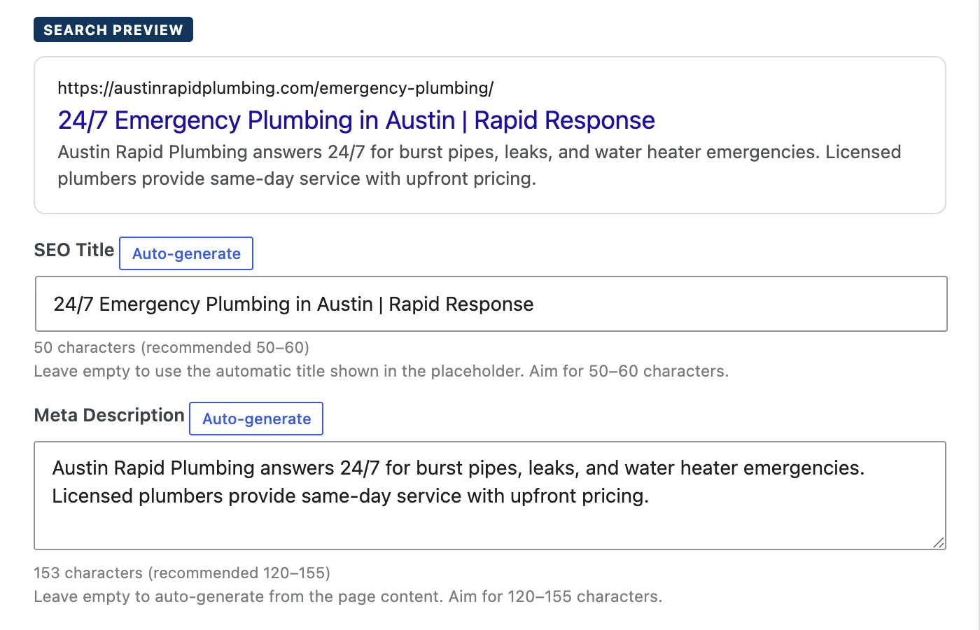 The search preview with the page URL, SEO title and meta description, plus character counters under each field.