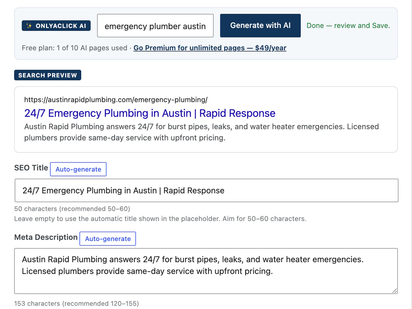 The OnlyaClick SEO panel in the WordPress editor after Generate with AI: the focus keyword “emergency plumber austin”, the new SEO title and meta description, and the updated search preview.