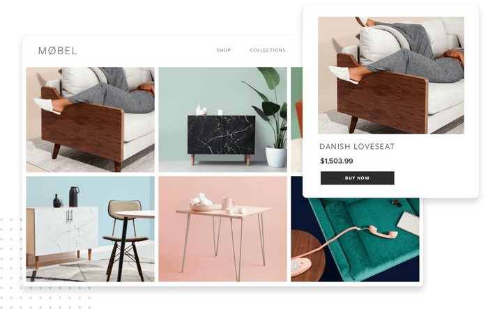 Möbel product gallery grid on a white background with a floating Danish Loveseat card showing price and Buy Now button.