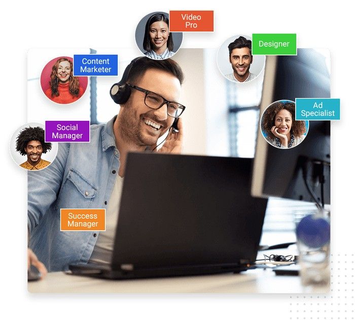 Person with headset at a laptop, surrounded by colorful role tags: Video Pro, Designer, Ad Specialist, Content Marketer, Social Manager, and Success Manager.